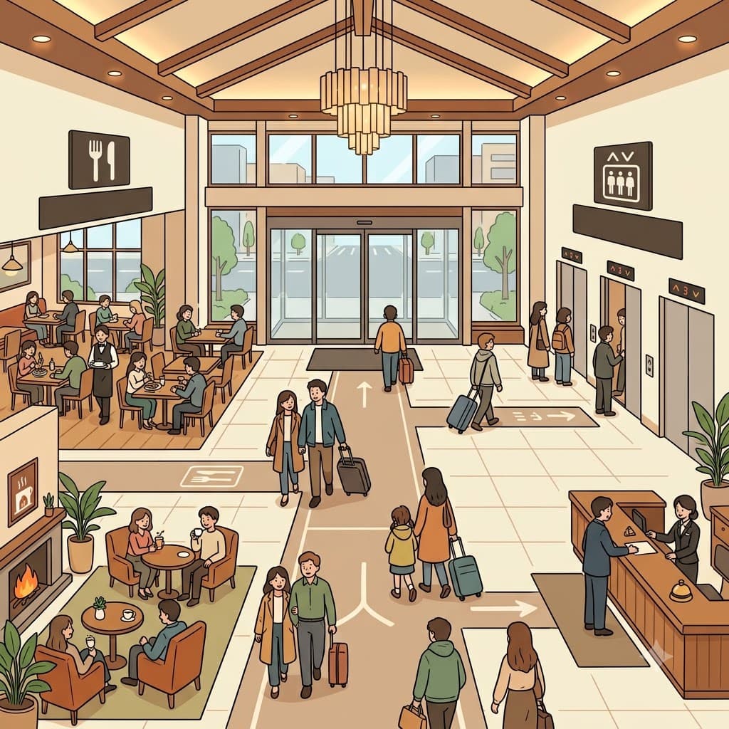 The hotel lobby connects the main entrance to the elevators, restaurants, and other public areas. (LOBBY = a public entrance area)