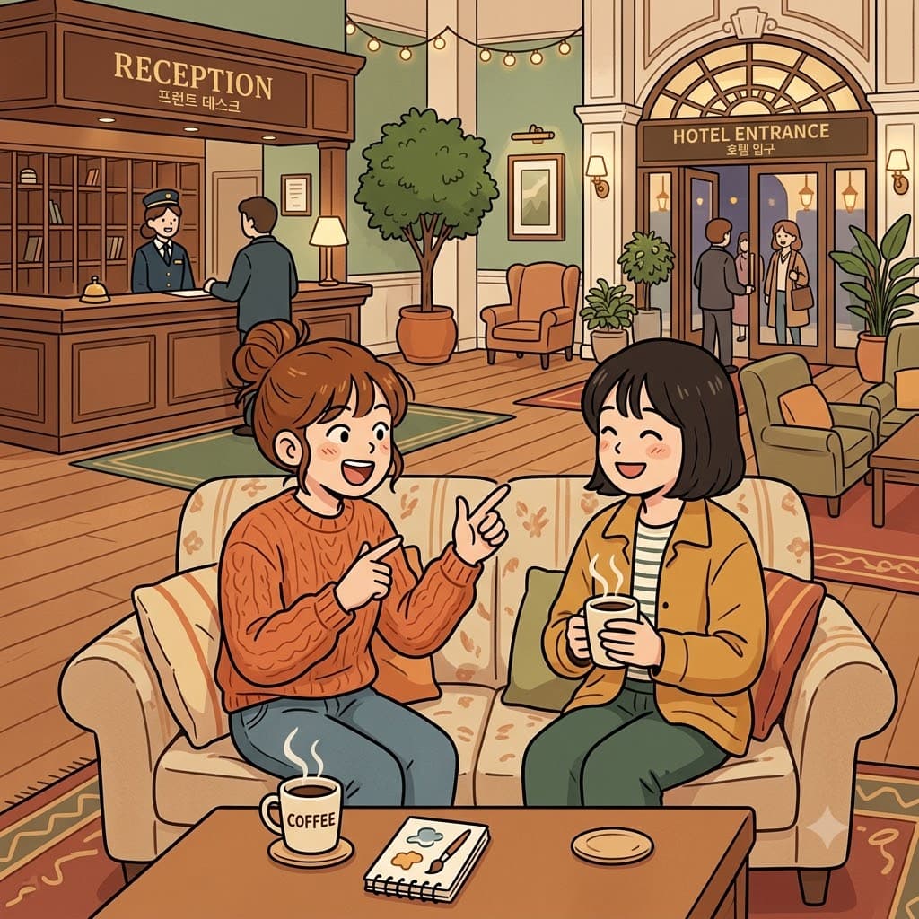 In the hotel lobby, she talked about her favorite hobby over a cup of coffee.