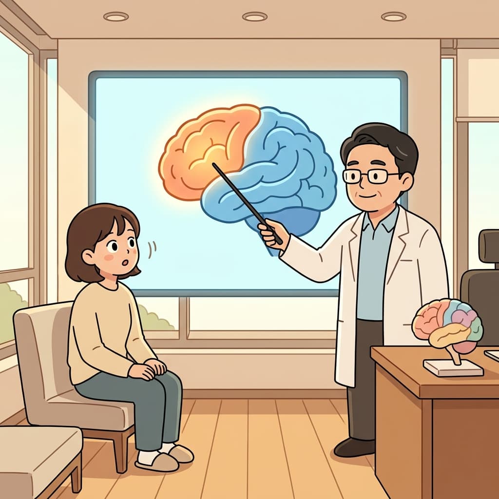 The doctor points to the frontal lobe on a glowing brain scan.