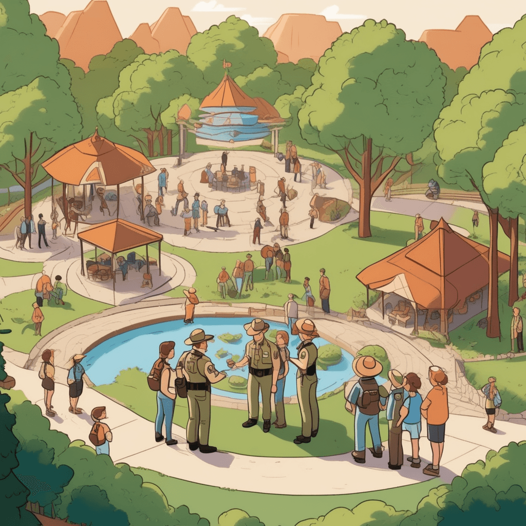 a park ranger points to different spots on a large map while explaining to a family of tourists. The ranger gestures toward various visible areas like the playground, picnic tables, and walking trails. The family looks from the map to the actual places around them, connecting each marked spot to its real position. Other visitors can be seen scattered across different areas of the park, each group occupying their own specific spots. Children play at the playground while couples sit at benches in completely separate areas. multiple particular places and positions being identified and used