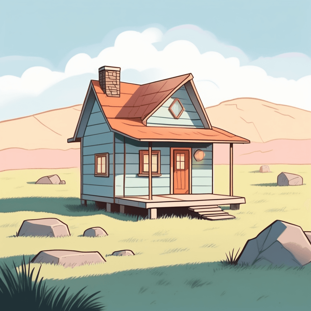 A small house or cabin, typically in a remote area; to stay temporarily or become stuck in a particular place.