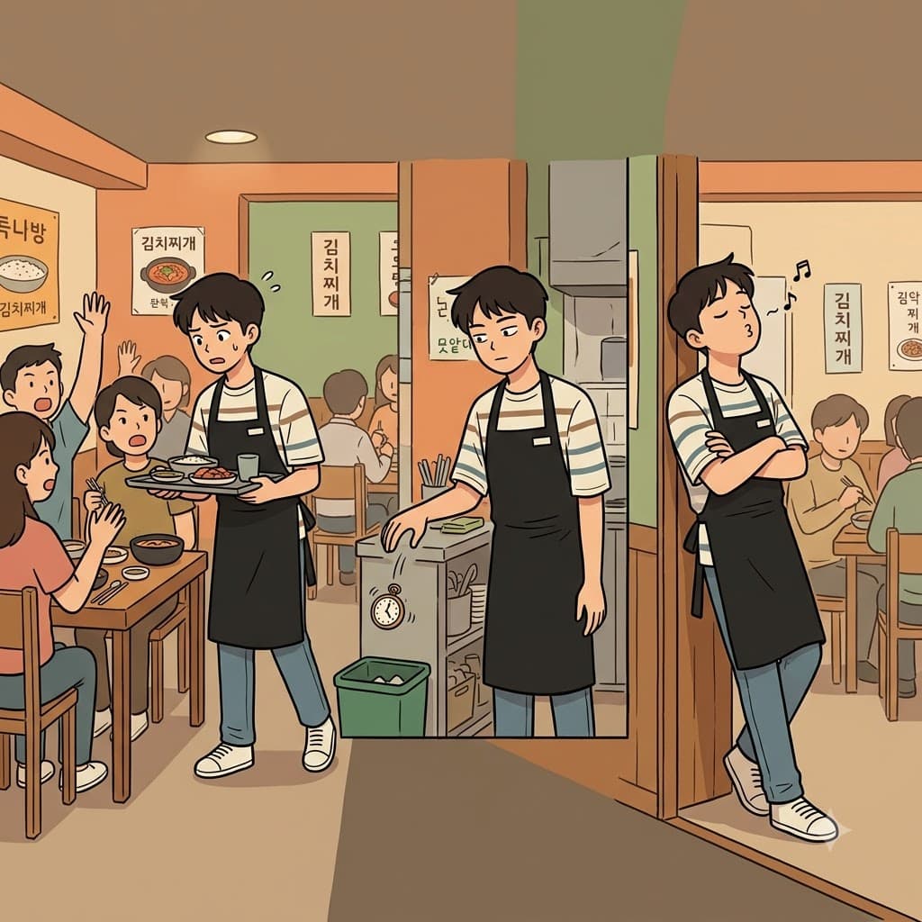 Acting like a lazy waiter who decides to do his job later, he just continued to loiter by the kitchen door.