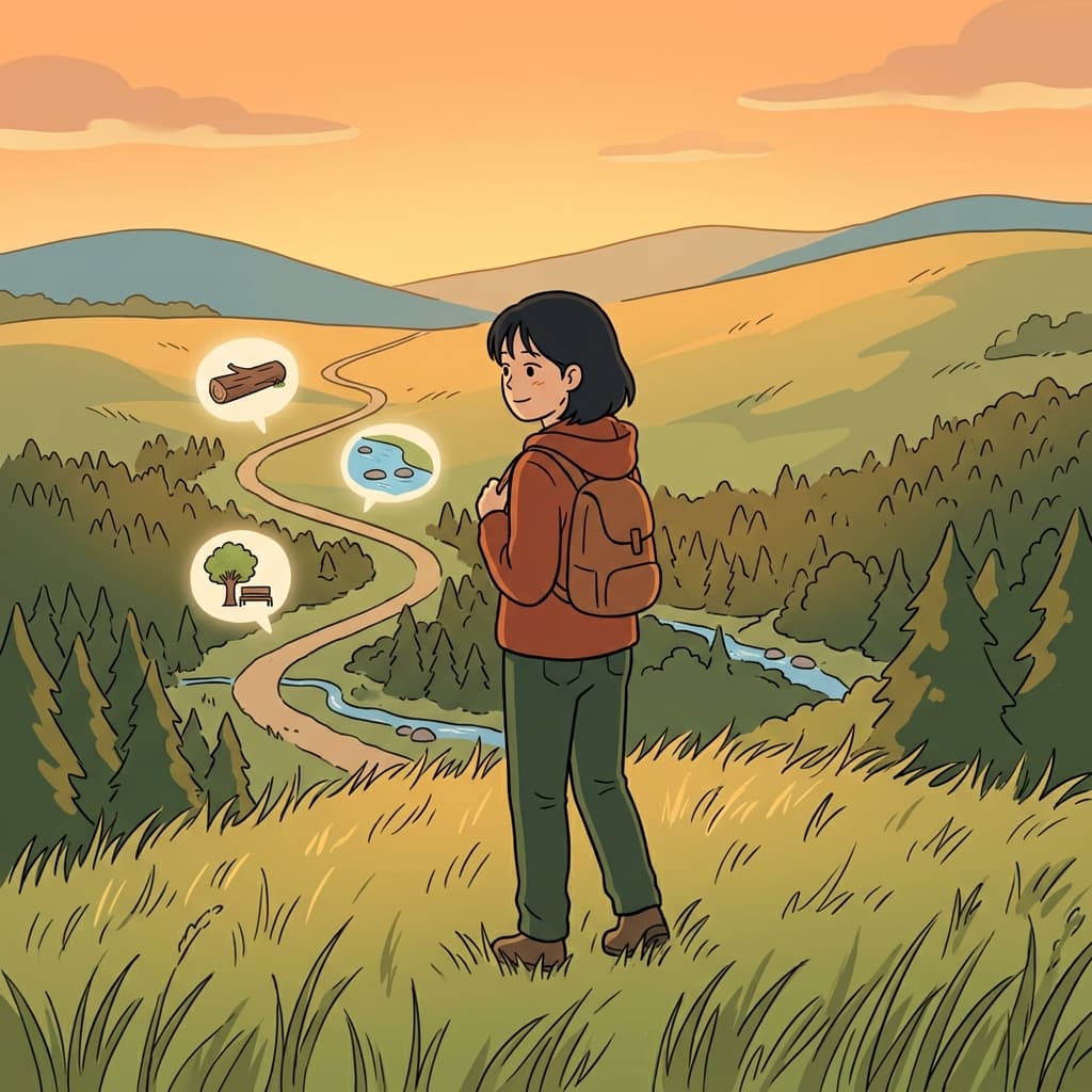 On the hilltop at sunset, she pauses to look back at the winding path she climbed.