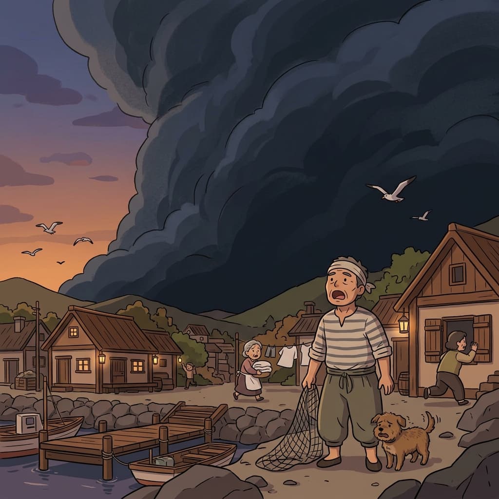 A massive storm cloud is looming over the small fishing village at dusk.