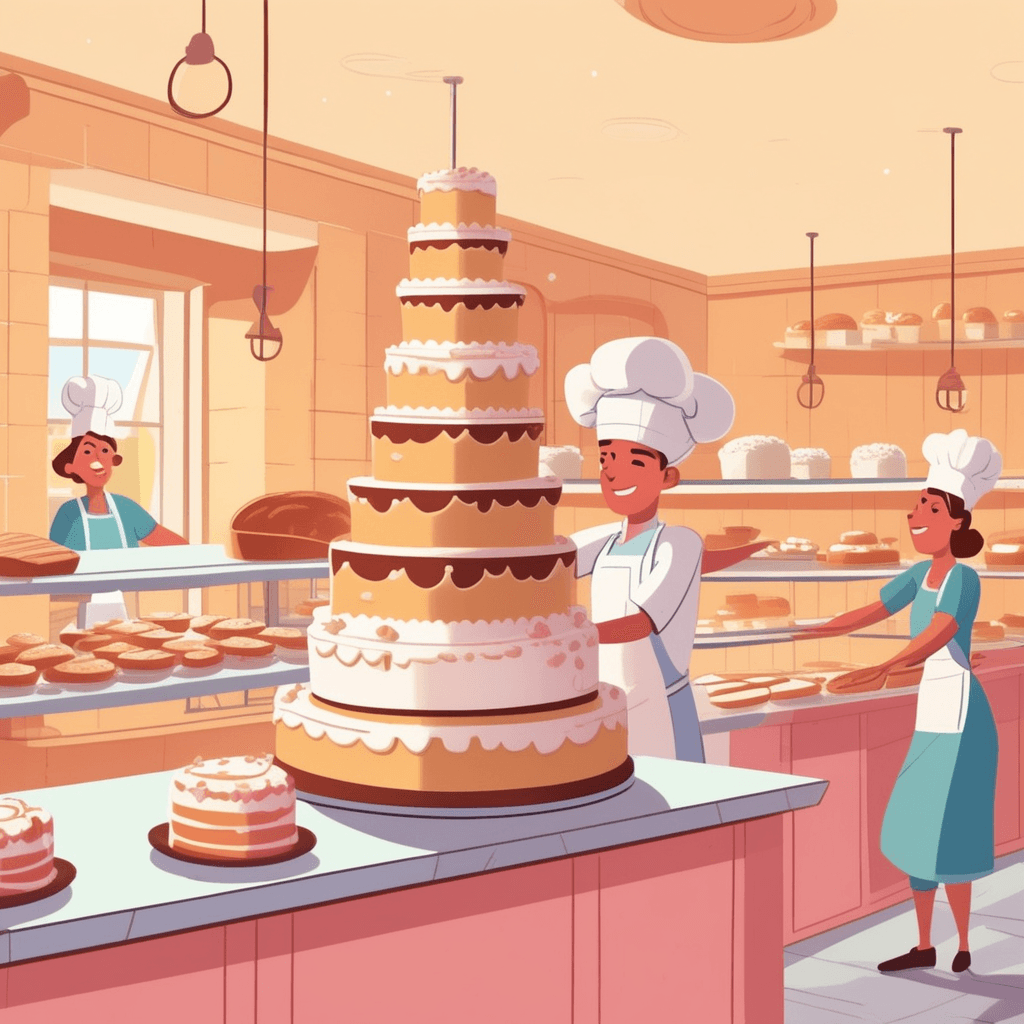 a baker carefully decorates a three-tier wedding cake that leans heavily to one side. The cake tower tilts dangerously as frosting drips down the slanted surface. The baker frantically tries to prop up the falling side with a wooden spoon. Meanwhile, the top layer slides slowly toward the edge while decorative flowers tumble off. A kitchen assistant rushes over with both hands raised in alarm, eyes wide with concern. something having one side lower than the other, completely uneven and unbalanced