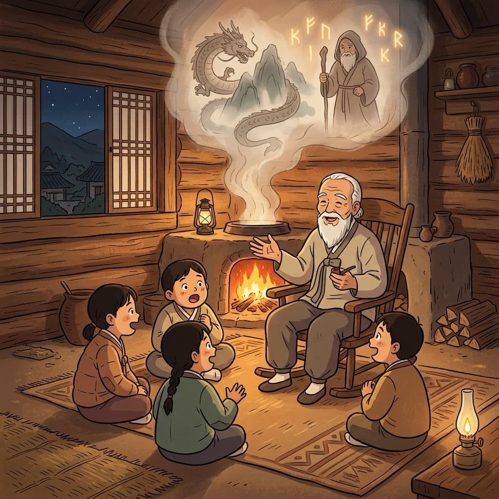 Grandfather shares ancient village lore by the fireside as children listen wide-eyed.