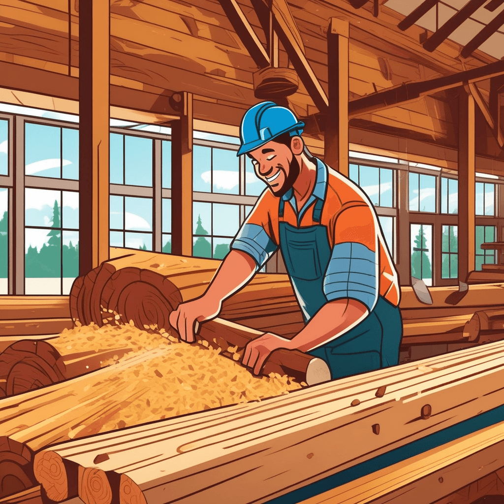 A lumber carpenter processes raw logs into prepared planks at a sawmill