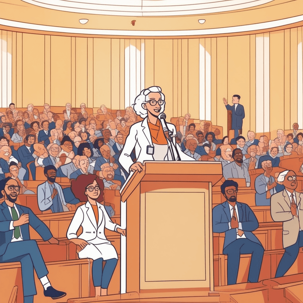 a distinguished scientist gestures enthusiastically while presenting a revolutionary discovery to the captivated audience. Her confident posture and animated expressions show years of expertise and natural leadership ability. The audience leans forward with intense focus, completely absorbed by her groundbreaking insights. Students frantically take notes while professors nod in recognition of her brilliance. Several people in the front row have expressions of awe and inspiration on their faces. a person who inspires and influences others through her prominence in the scientific sphere