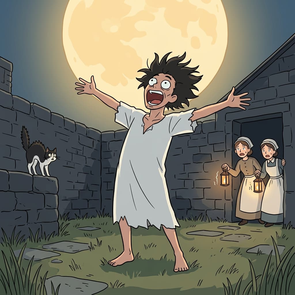 The lunatic in the asylum courtyard howls at the moon every single night.