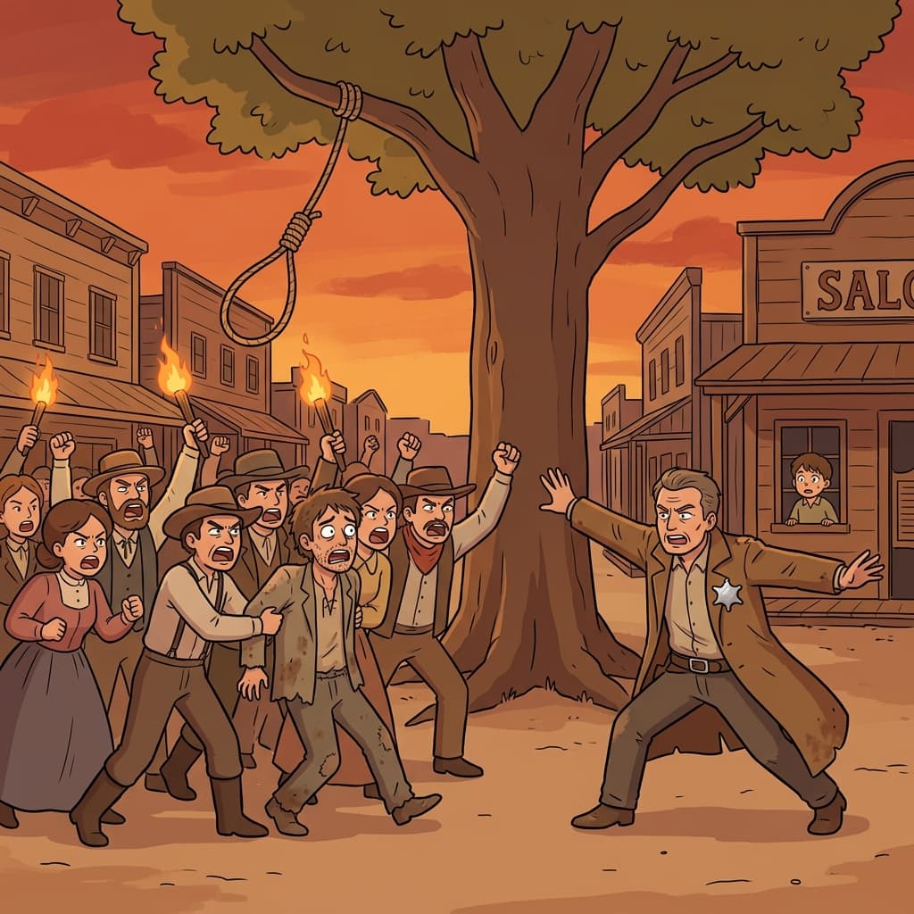 An angry frontier mob tries to lynch a man before the sheriff stops them.