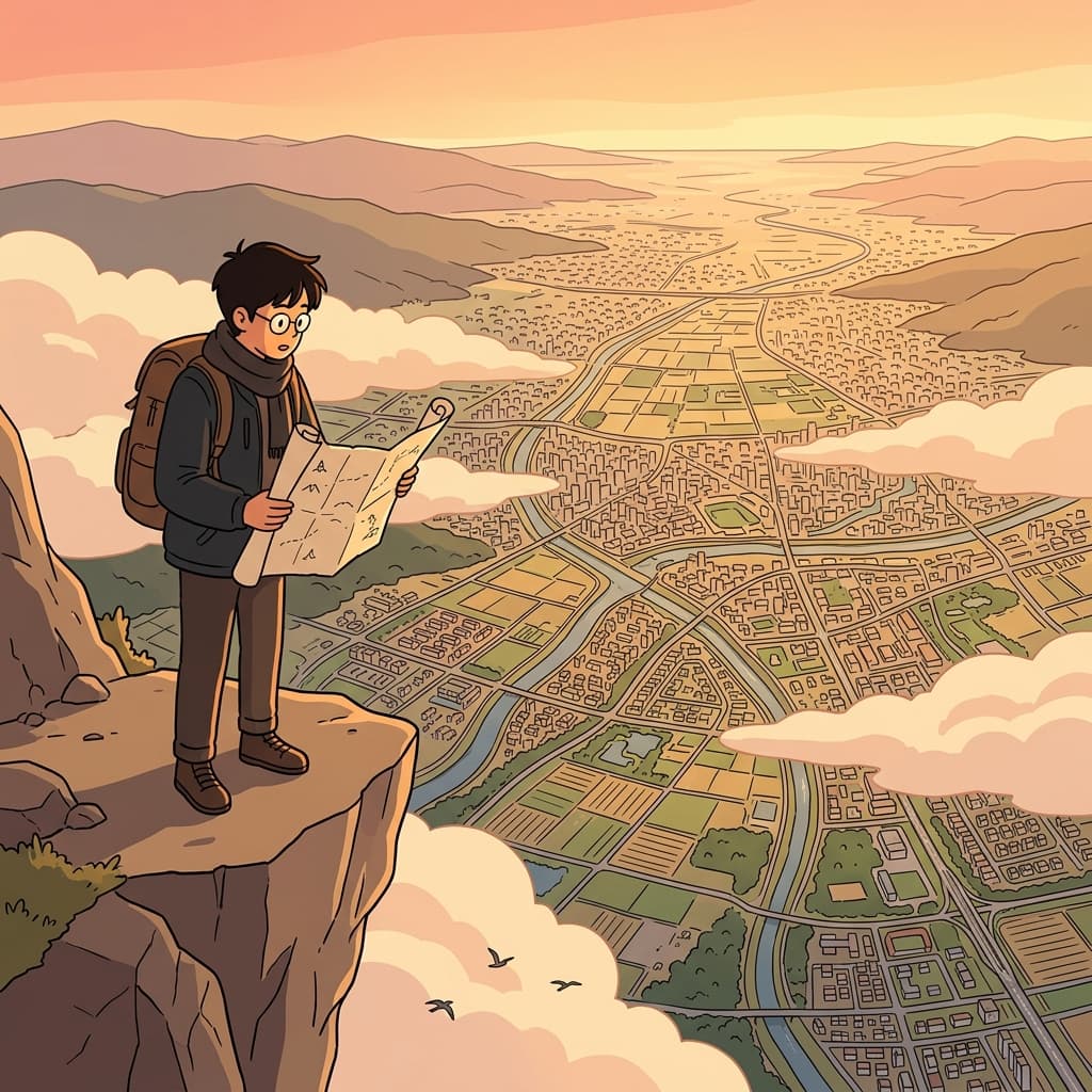 From the mountain peak, the macroscopic view of the city reveals patterns invisible up close.