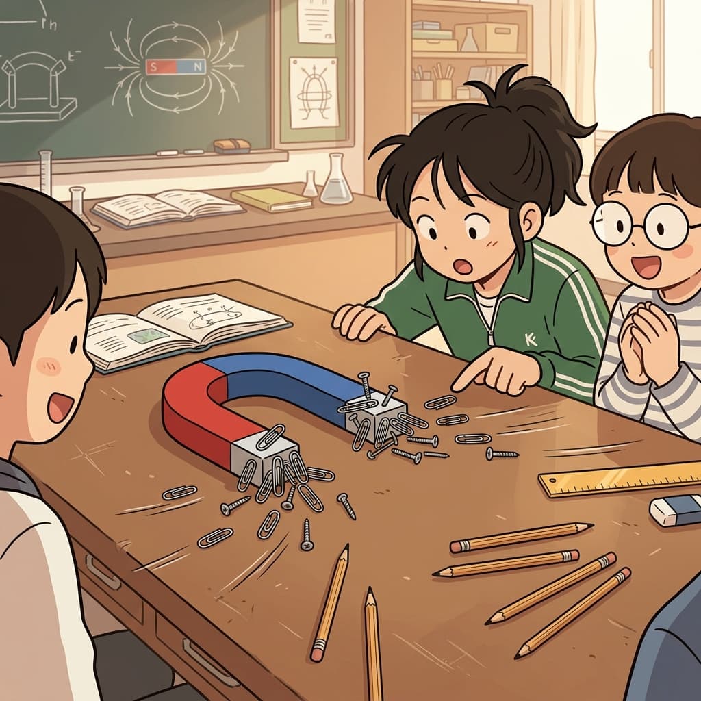 The magnetic force pulled the metal nails across the table.