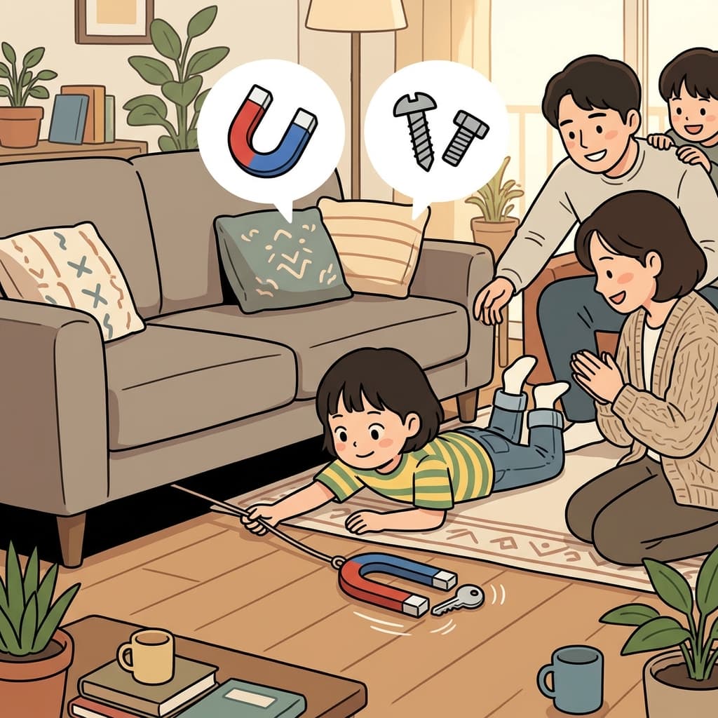 The magnetic tool pulled the key from under the sofa. (🧲 Attract + 🔩 Metal → Magnetic)