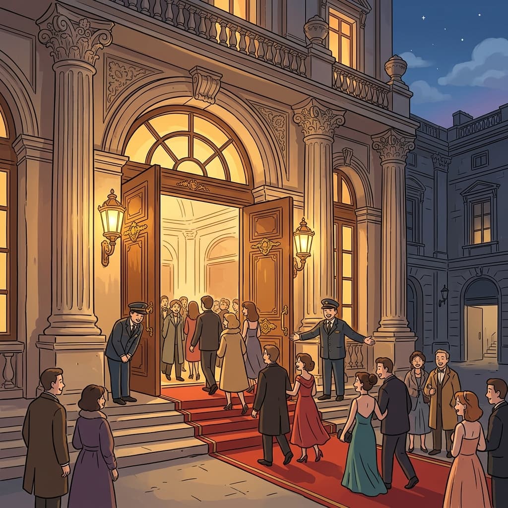 Guests stream through the grand main entrance of the old opera house.