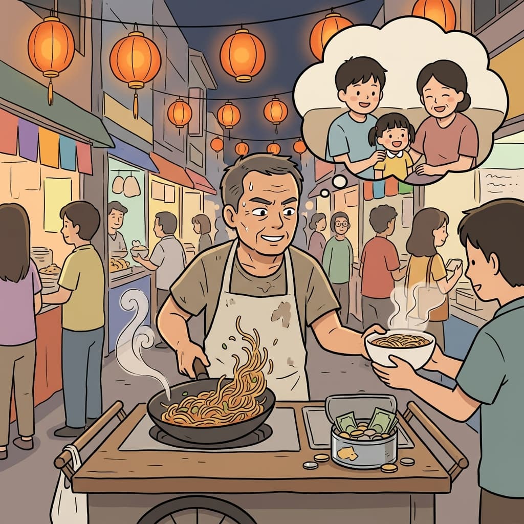 He works at the night market every evening to make a living for his family.