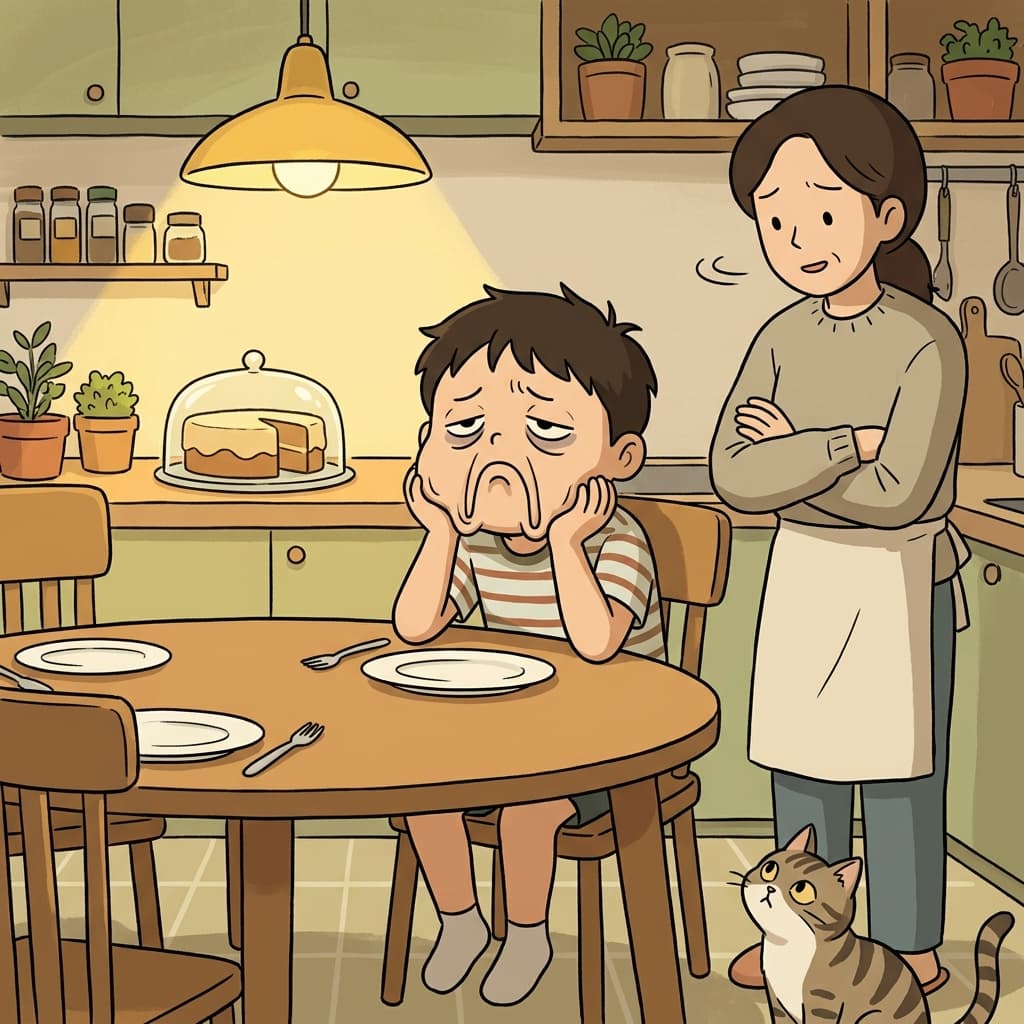 When his mom said no dessert, the boy started to make a long face at the table.