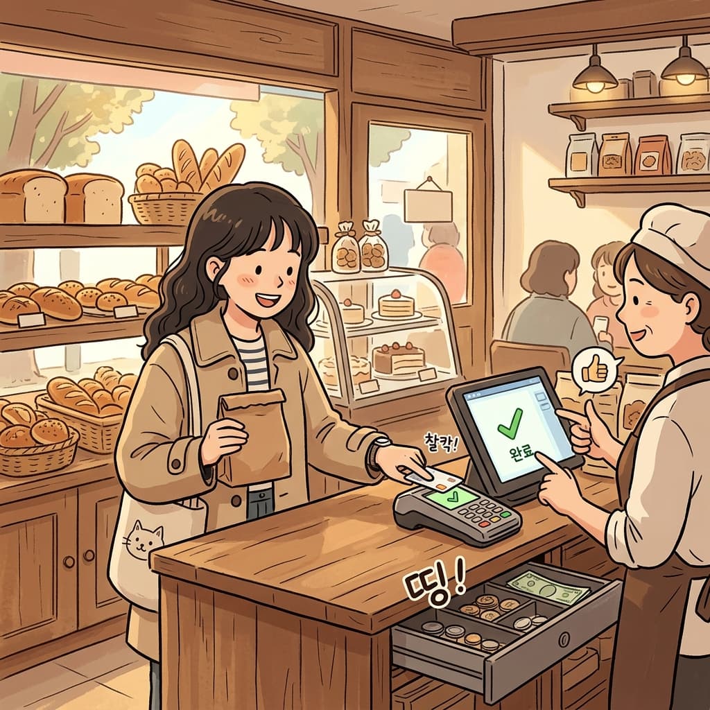She stops by the counter to make a payment before heading home.