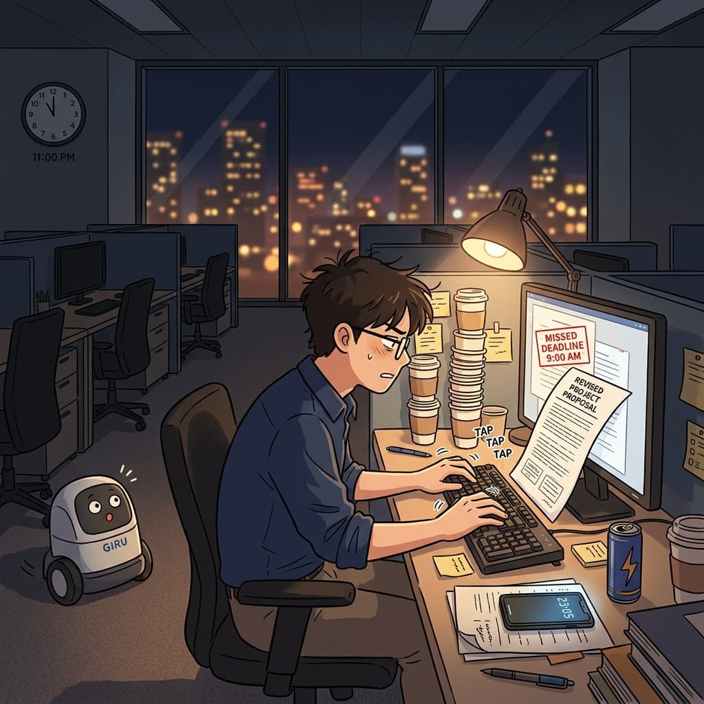 He stayed late at the office to make up for missing the morning deadline.