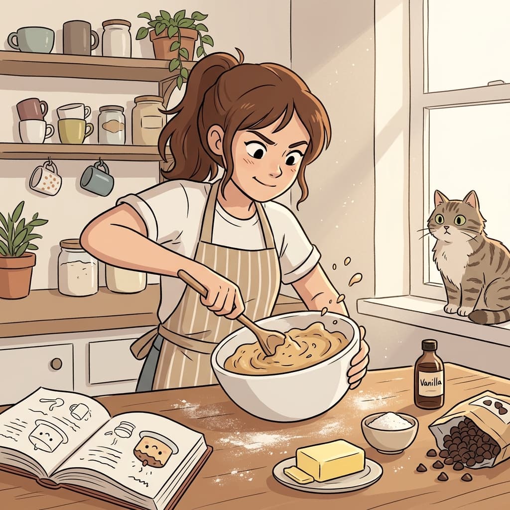She tries to make a birthday cake for her little brother's surprise party.