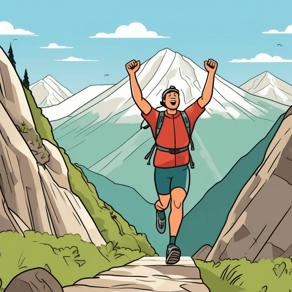 a determined hiker takes their final steps across a finish line at the mountain peak, arms raised in celebration. Sweat drips from their face but they smile broadly with pure joy and relief. Earlier in their journey they struggled up the steep rocky path, but now they have conquered the difficult climb. Their hiking companion cheers enthusiastically from behind, also approaching the summit. Other hikers at the peak applaud and congratulate the successful climber. someone succeeding in reaching a challenging place they worked hard to achieve