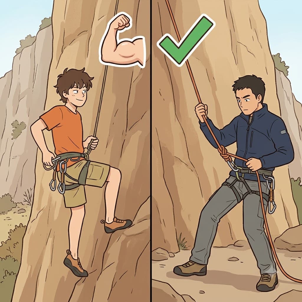 MAKE(create) + SURE(certain) — by actively pulling the heavy rope, the climber decided to MAKE(create) his safety completely SURE(certain) and make sure he wouldn't fall.