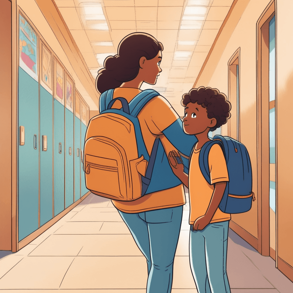 a caring mother kneels down and carefully checks her child's backpack one more time. She points to each item inside while the child watches attentively. The mother then zips up the backpack and helps put it on the child's shoulders. She gives a reassuring pat and thumbs up gesture to confirm everything is ready. Other students and parents move through the hallway behind them preparing for the school day. The child smiles confidently knowing everything has been double-checked. someone making sure that everything is properly prepared and nothing is forgotten