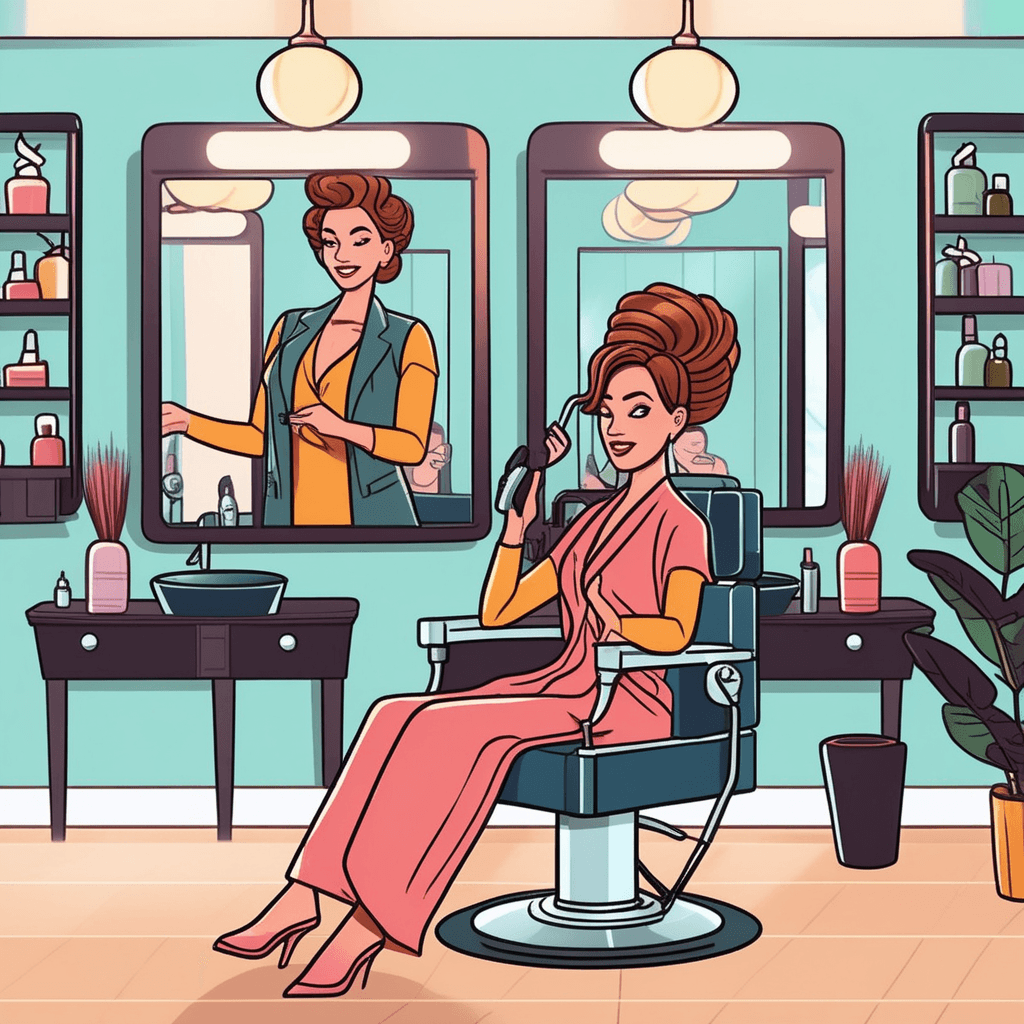 a professional stylist puts the finishing touches on a client's completely new hairstyle and makeup. The client sits in the salon chair looking amazed at their reflection in the large mirror. Before the makeover, the client had messy hair and plain appearance, but now sports a sleek new haircut with vibrant makeup. The transformation is so dramatic that the client barely recognizes themselves. Other salon staff members smile approvingly in the background, admiring the stunning results. A makeup artist nearby organizes colorful cosmetics and styling tools on the counter. a complete transformation of someone's appearance through professional styling and beautification