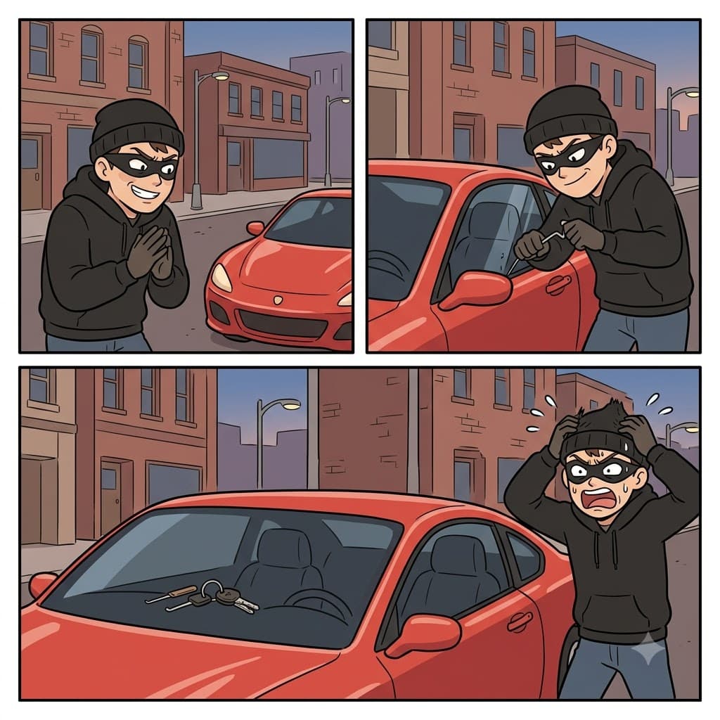Trying to steal the car in Detroit, the foolish thief proved to be completely maladroit by locking his own keys inside.