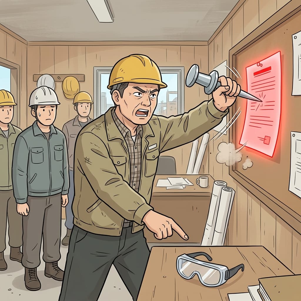 The strict manager aggressively pinned the red document to the board, officially issuing the new mandate to wear safety goggles.