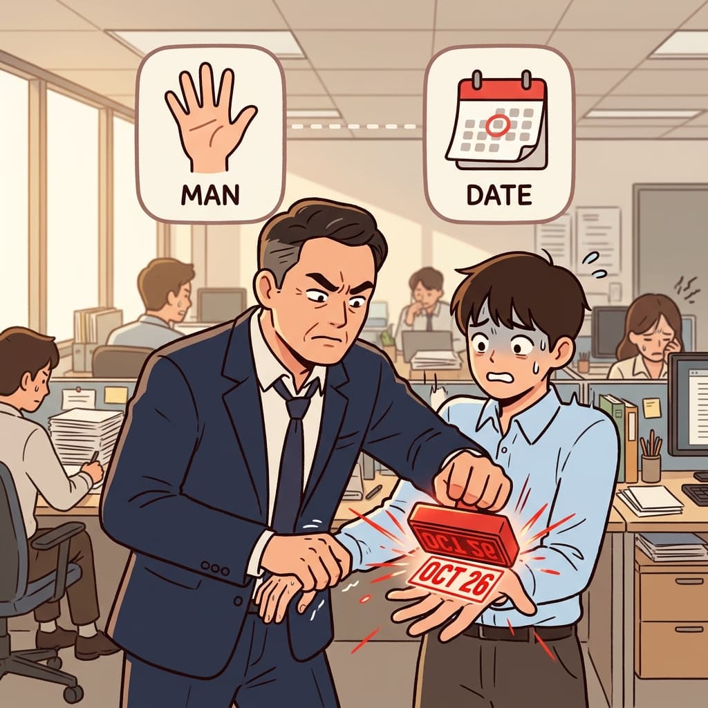 MAN(hand) + DATE(deadline) — to mandate is to forcefully stamp a strict date directly onto someone's hand.