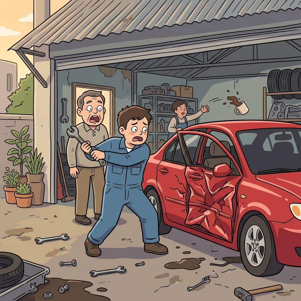 The careless mechanic managed to mangle the brand new car door with one wrong swing.