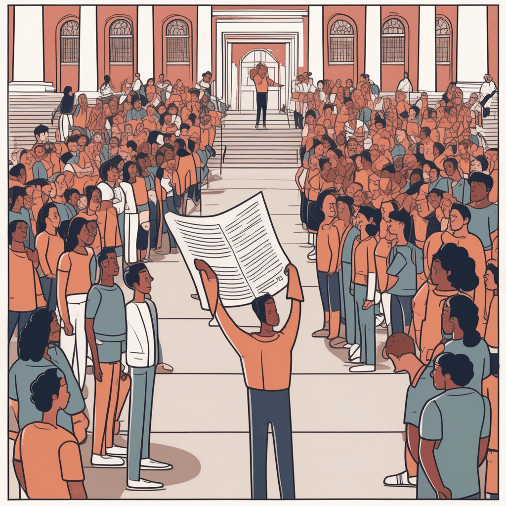 a passionate student stands on steps holding up a rolled paper document above their head. The student unrolls the paper dramatically while addressing the gathered crowd below. The crowd of students looks up attentively as the speaker gestures toward the document with determination. Some students in the audience nod in agreement while others lean in to listen more closely. The crowd begins to cheer and raise their fists in support of what's being declared. someone publicly declaring their intentions, motives, and views through a written statement