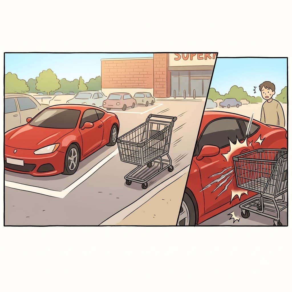 The loose shopping cart crashed into the new car, leaving a deep scratch to mar the shiny red paint.