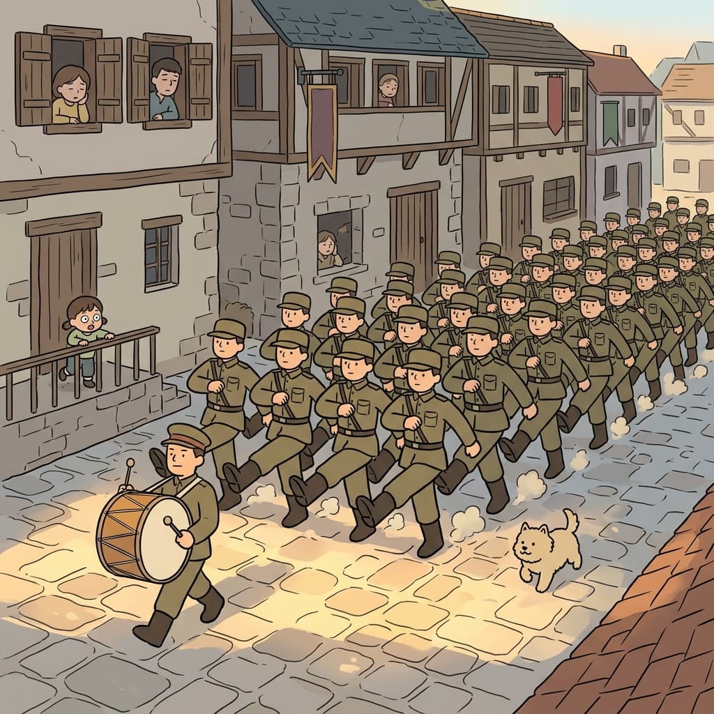 Soldiers march in perfect rhythm through the town square at dawn.
