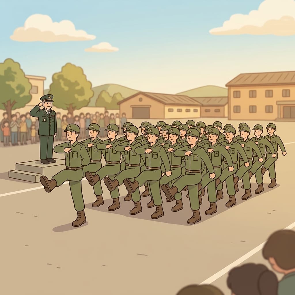 The soldiers marched in perfect formation during the martial parade.
