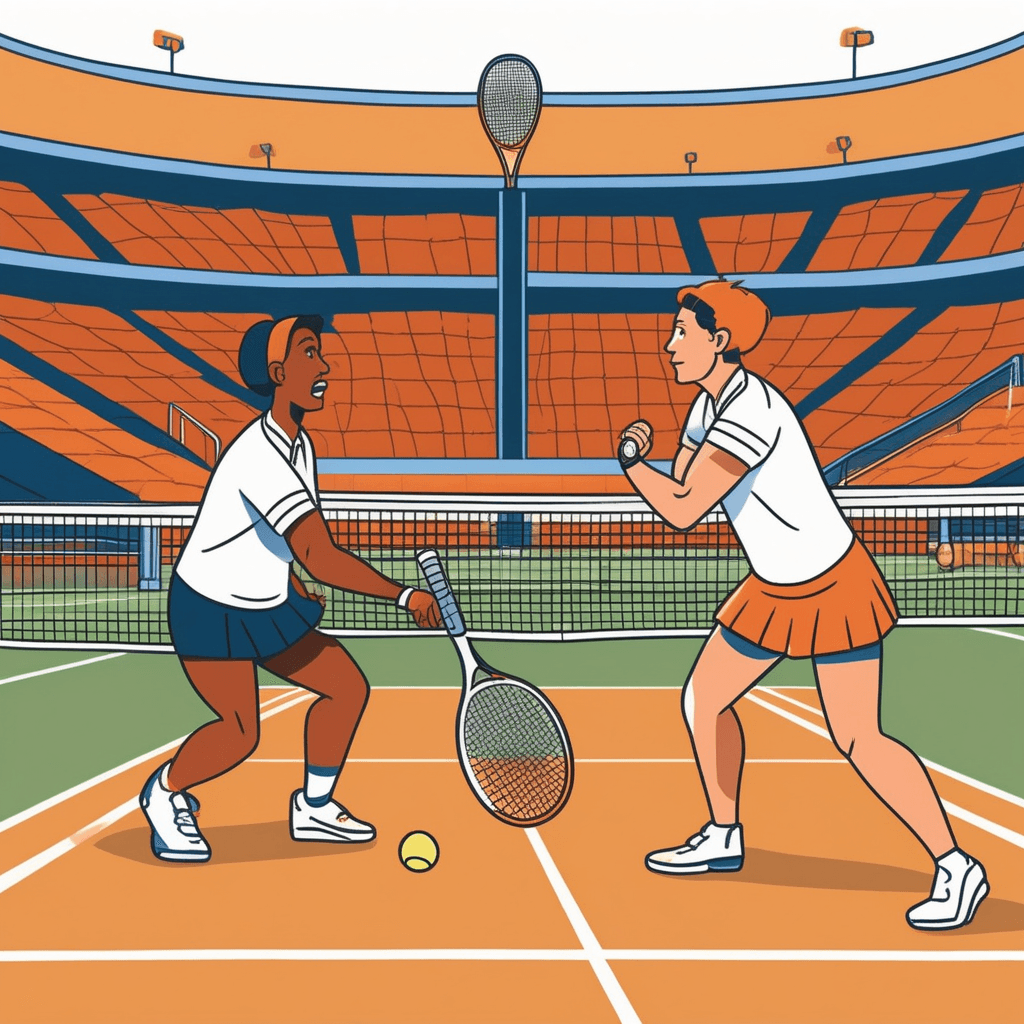 Tennis players competing in a match
