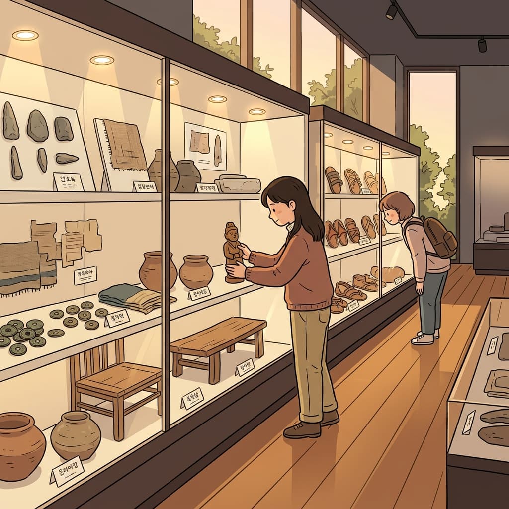 Museum shelves display tools, pottery, and clothes — the material culture of a lost civilization.