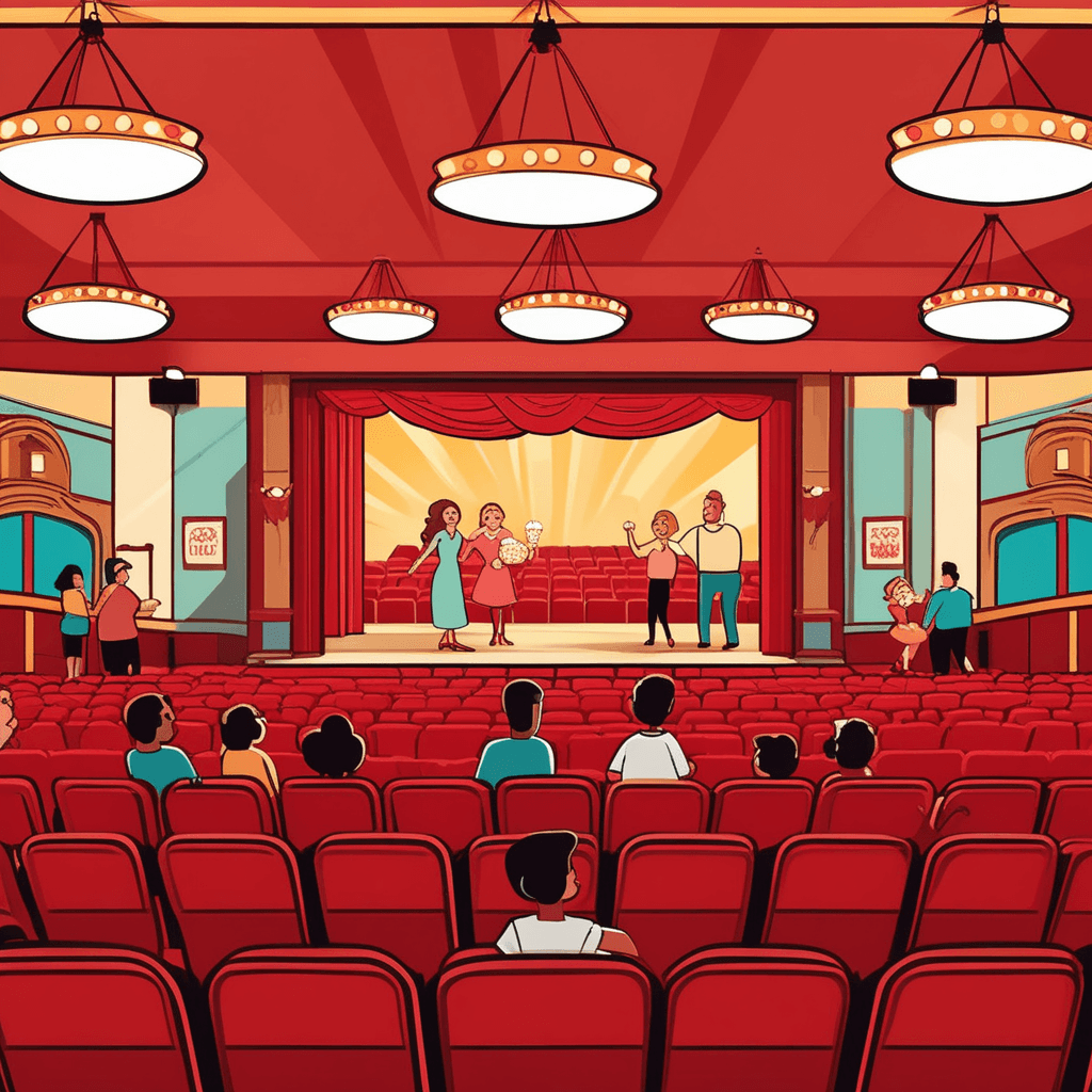 families with children settle into red velvet seats while bright daylight filters in from the theater entrance. Popcorn containers and drinks rest on armrests as people chat quietly before the show begins. The movie screen glows brightly while afternoon sunbeams create golden streaks across the theater interior. Parents point toward the screen as their excited children bounce in their seats. Theater ushers guide latecomers to available seats in the well-lit venue. an afternoon performance in a theater during daytime hours