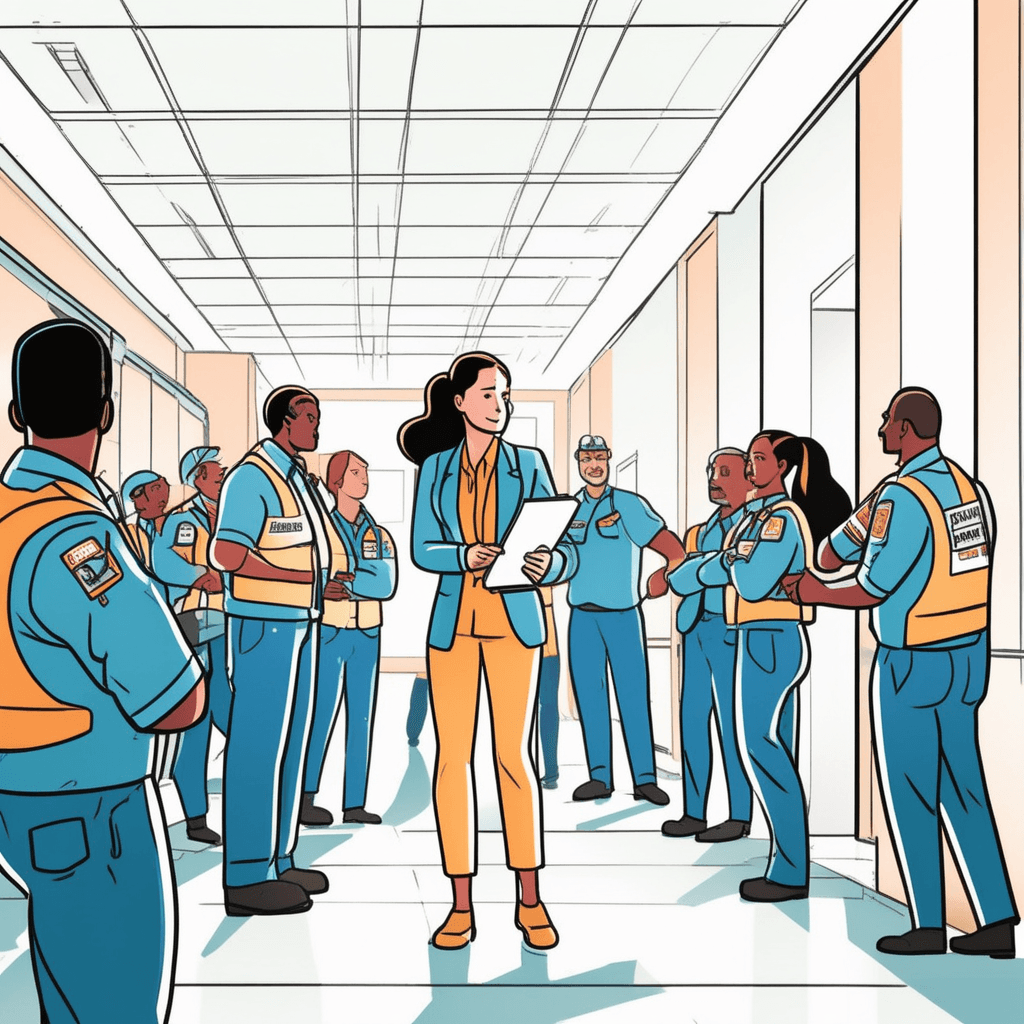 a safety coordinator in a bright vest directs employees toward emergency exits while holding a clipboard with evacuation procedures. She points clearly toward the stairwell while checking that everyone follows the planned route. The employees move in an orderly line following the designated path she has established. Her systematic approach prevents panic and ensures everyone reaches safety efficiently. Other staff members assist by guiding people and checking rooms to make sure no one is left behind. actions taken to achieve a particular result and deal with a problem