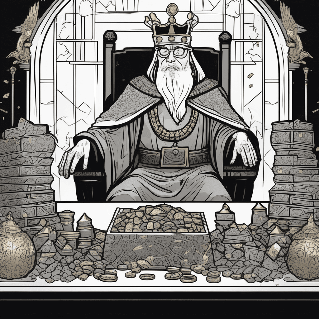 Surrounded by treasures, yet burdened by pressures, he crafts wise measures!