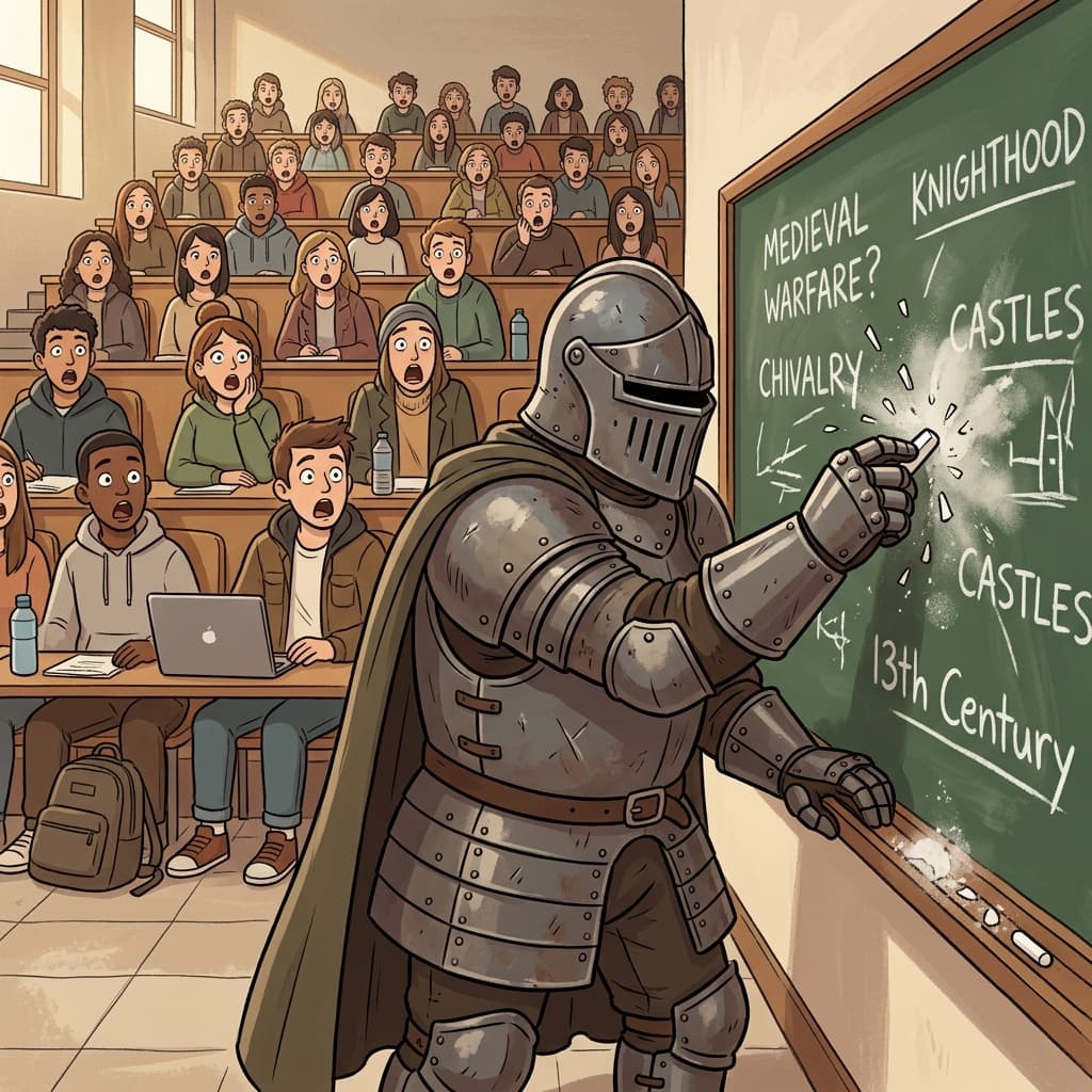 The history professor’s dedication was extreme; he arrived at the lecture wearing a complete set of heavy medieval armor.