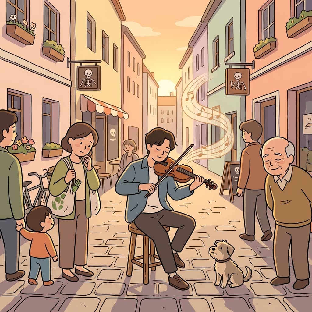 The street musician's melody made everyone stop and smile.