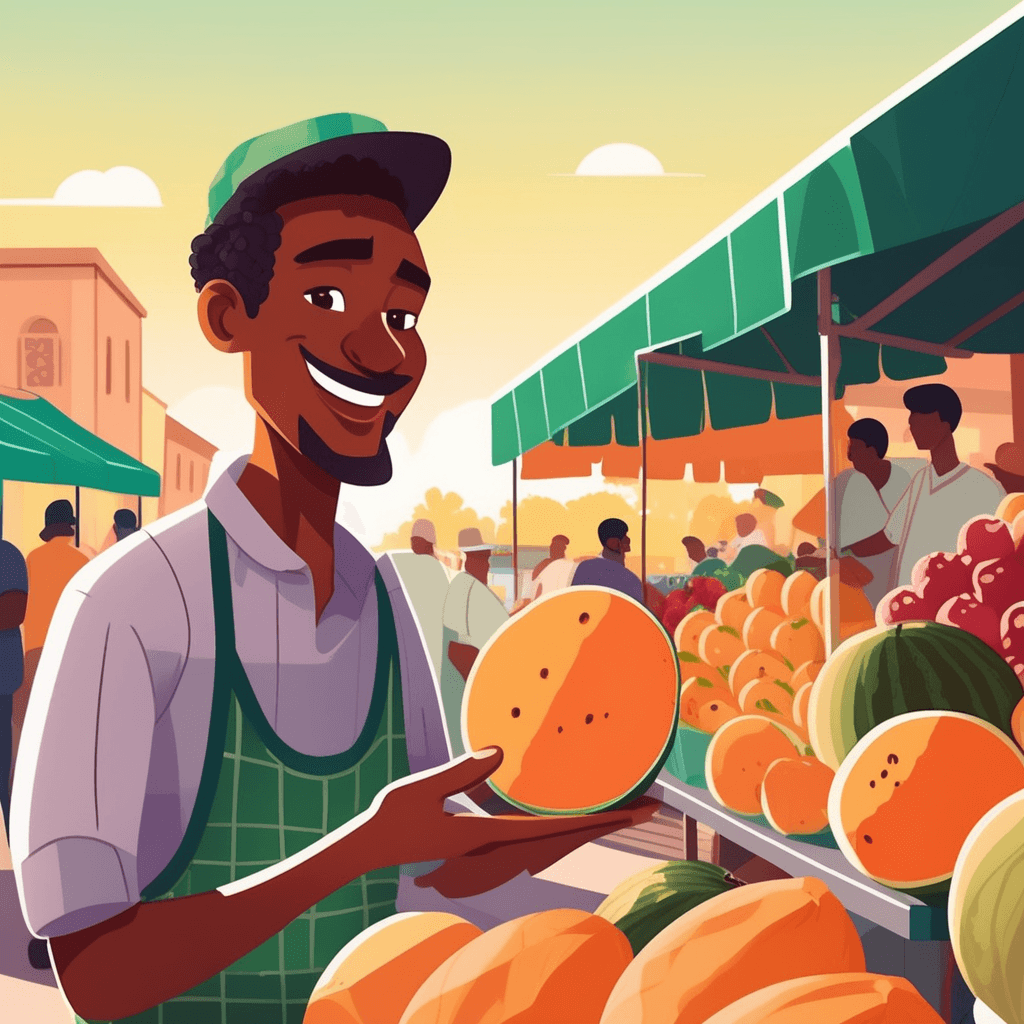 a friendly vendor holds up a large round cantaloupe with thick orange skin and cuts it open with a knife. The melon splits to reveal bright orange juicy flesh with seeds in the center cavity. Sweet juice drips from the cut fruit as the vendor offers a slice to a young customer. The customer's eyes light up with delight as they reach for the fresh piece. Other shoppers nearby admire the display of various melons on the wooden stand. a large round sweet fruit with thick skin and juicy flesh