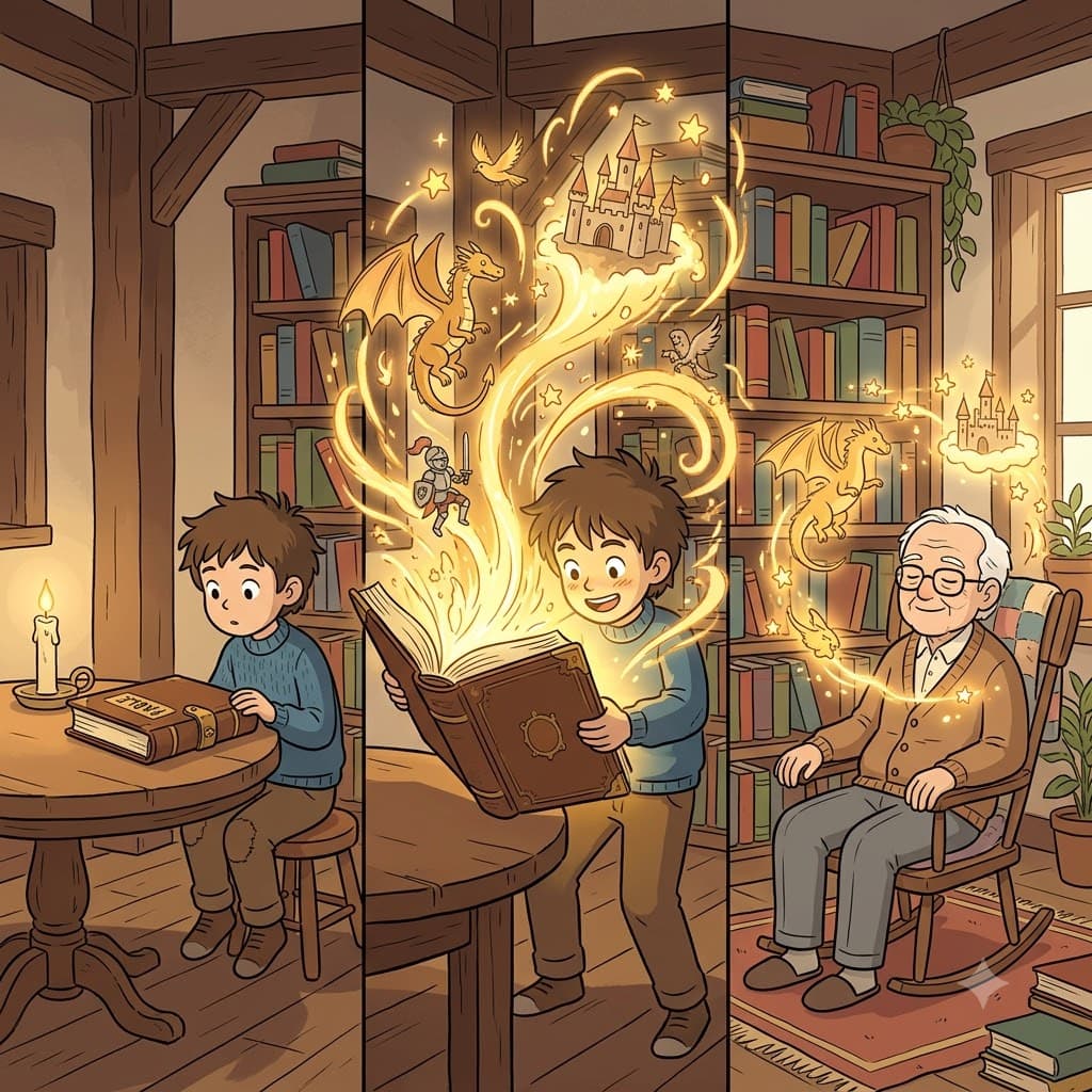 At the old table, the magical fable created a lasting memorability that stayed with him for life.