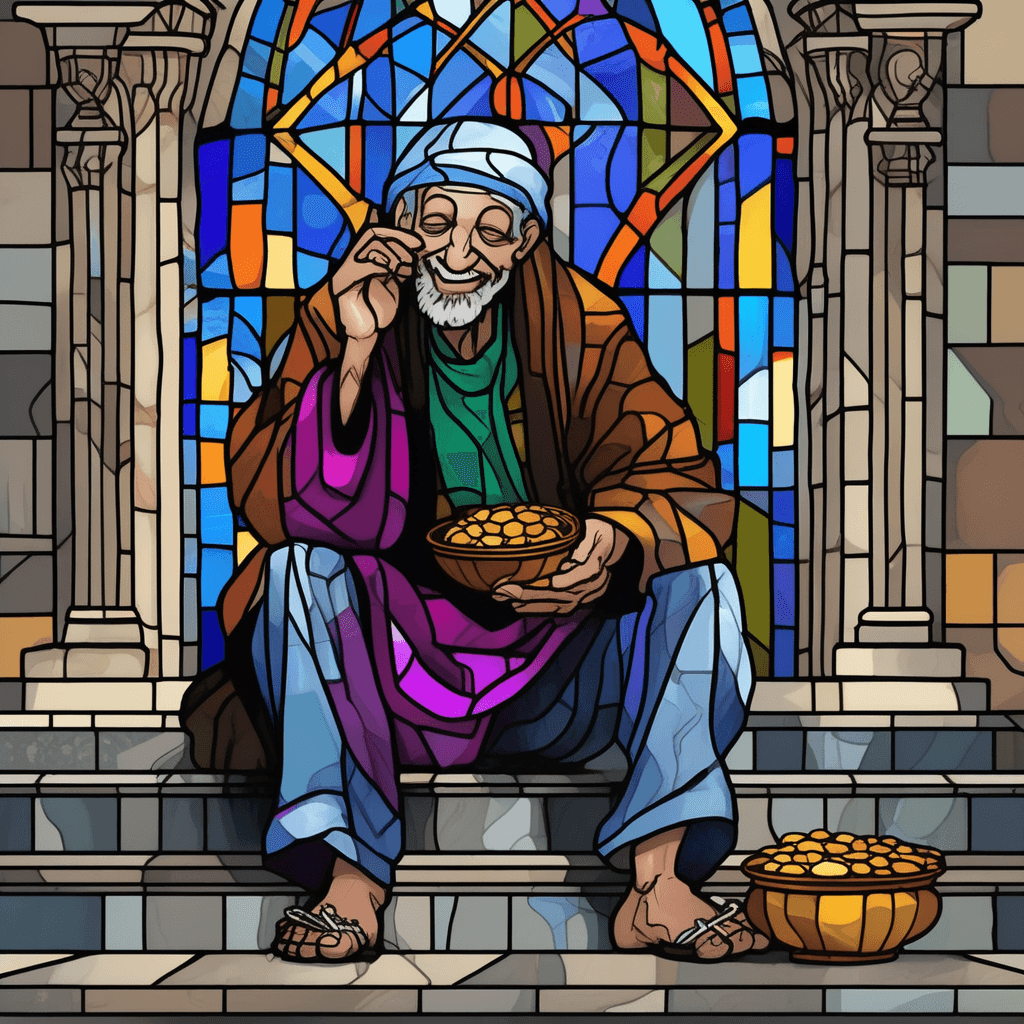 A humble mendicant beneath magnificent arches finds something significant.