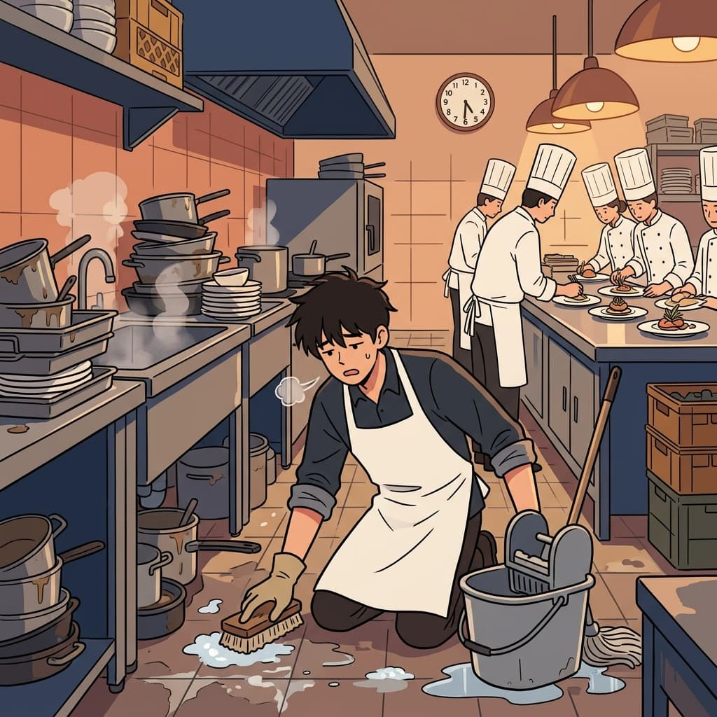 He spent hours on menial tasks like scrubbing floors and washing dishes.