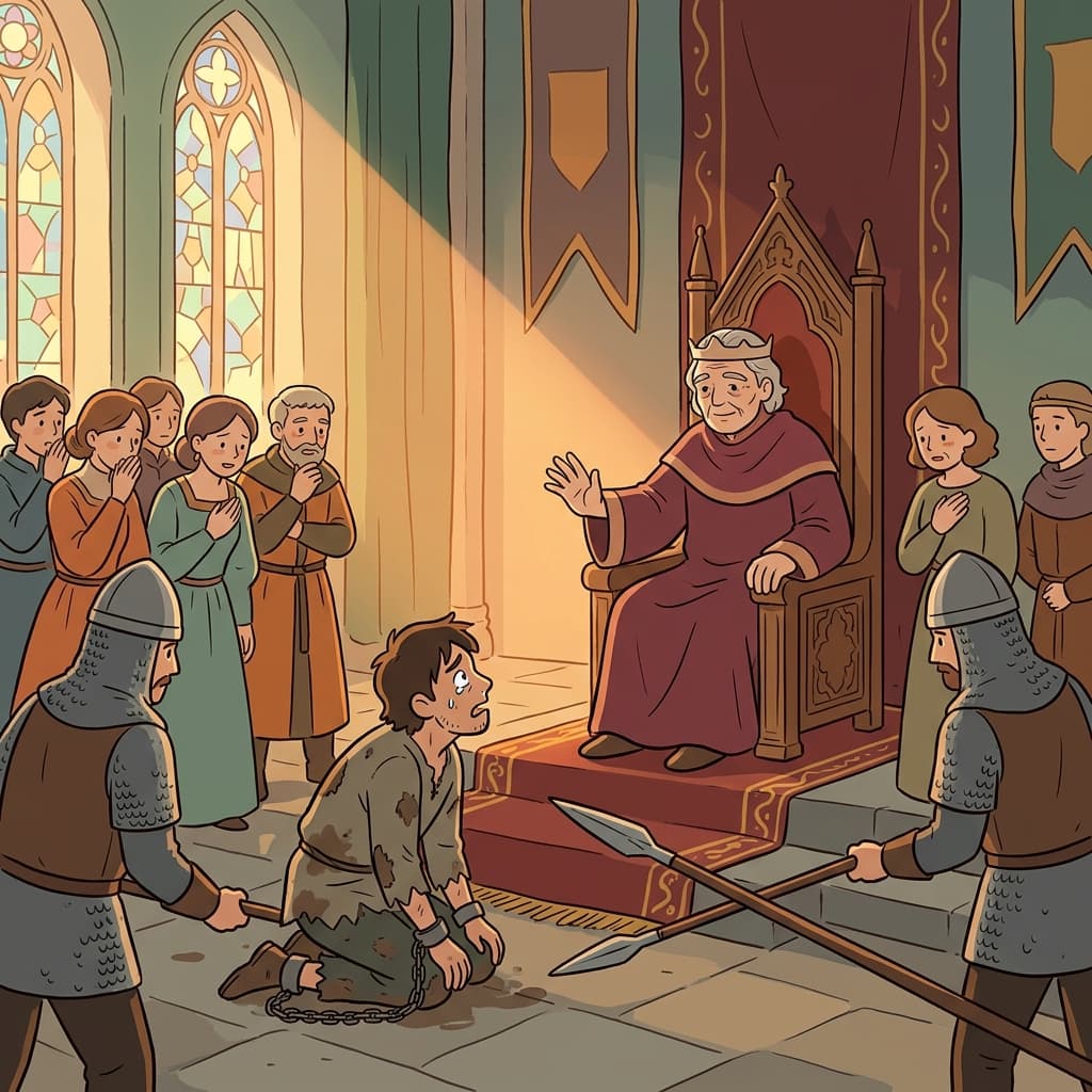 The merciful king spared the trembling prisoner's life with a single wave.