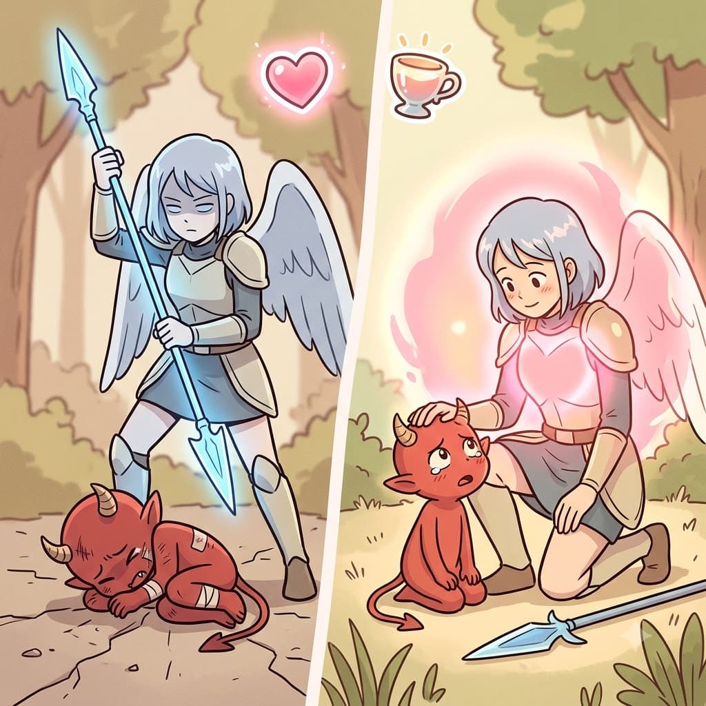 MERCY(forgiveness) + FUL(full of) — becoming completely FUL(full of) glowing MERCY(forgiveness), the angel spared the demon in a merciful act.