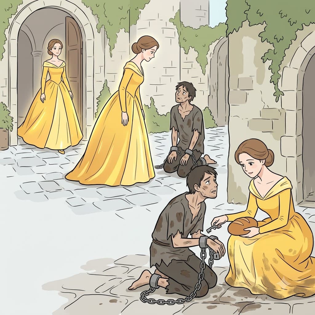 Stepping out in her beautiful gown, the queen saw the pitiful beggar and made a merciful decision to set him free.
