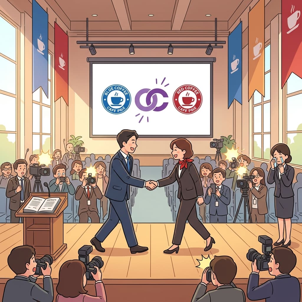 Two rival coffee chains announce their merger with a handshake on stage.